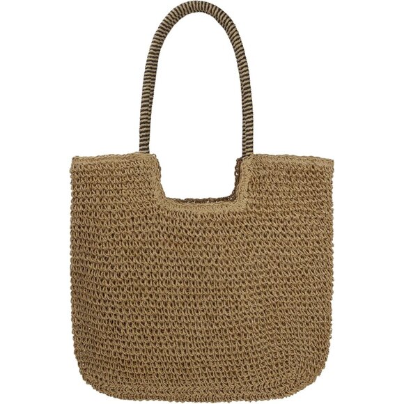 Women's B-brown Large Straw Beach Bag Handmade Woven Shoulder Hobo Tote Handbag - Picture 1 of 5